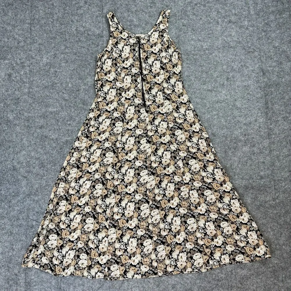 Vintage Molly Malloy Women's Size 8 Floral Maxi Dress Tank Sleeveless Black Beig